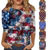 T-shirt Top Décontracté Tendance pour Femme Imprimé Drapeau Américain et Étoiles Fête de l'Indépendance Manches Trois-Quarts Col Rond