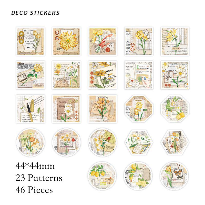 Journamm 44-46pcs Vintage Stickers Cute Flower Sticky DIY Scrapbooking Decor Junk Journal Collage Photo Album Sticker Stationery