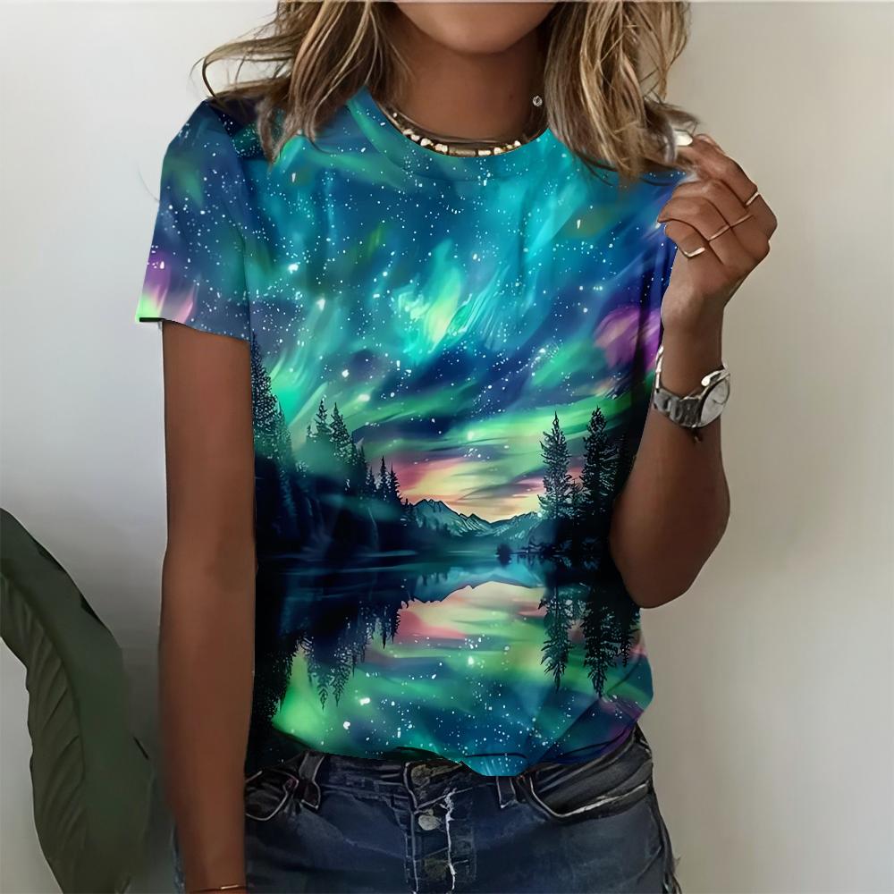 

Летний топ с круглым вырезом и 3D-принтом ночного вида, модная повседневная женская футболка с коротким рукавом L