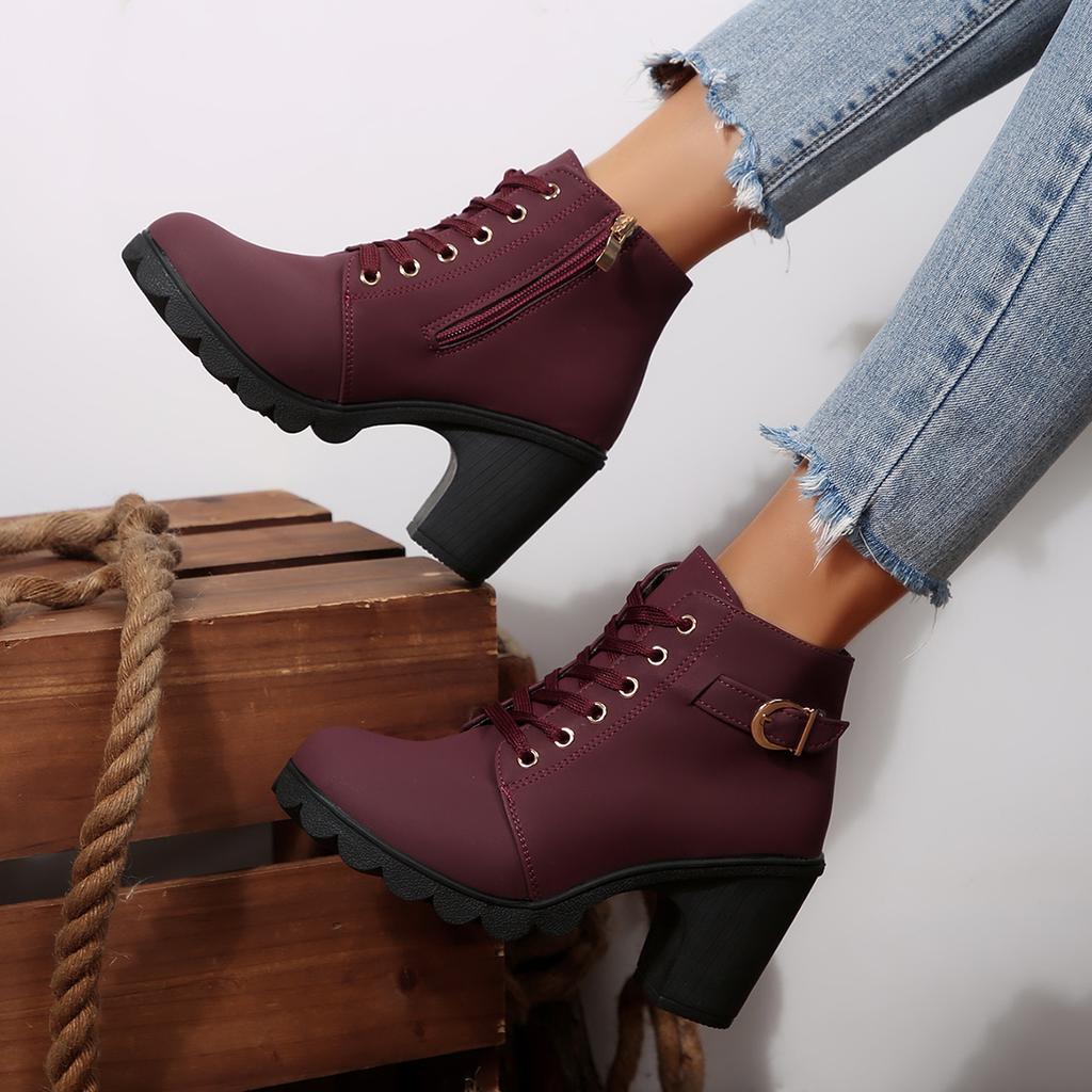 Fashion 2025 New Women Ankle Boots Autumn Winter New Large Size Comfortable Women Shoes Fashion Warm Thick Heel Lace Up High Heels Boots