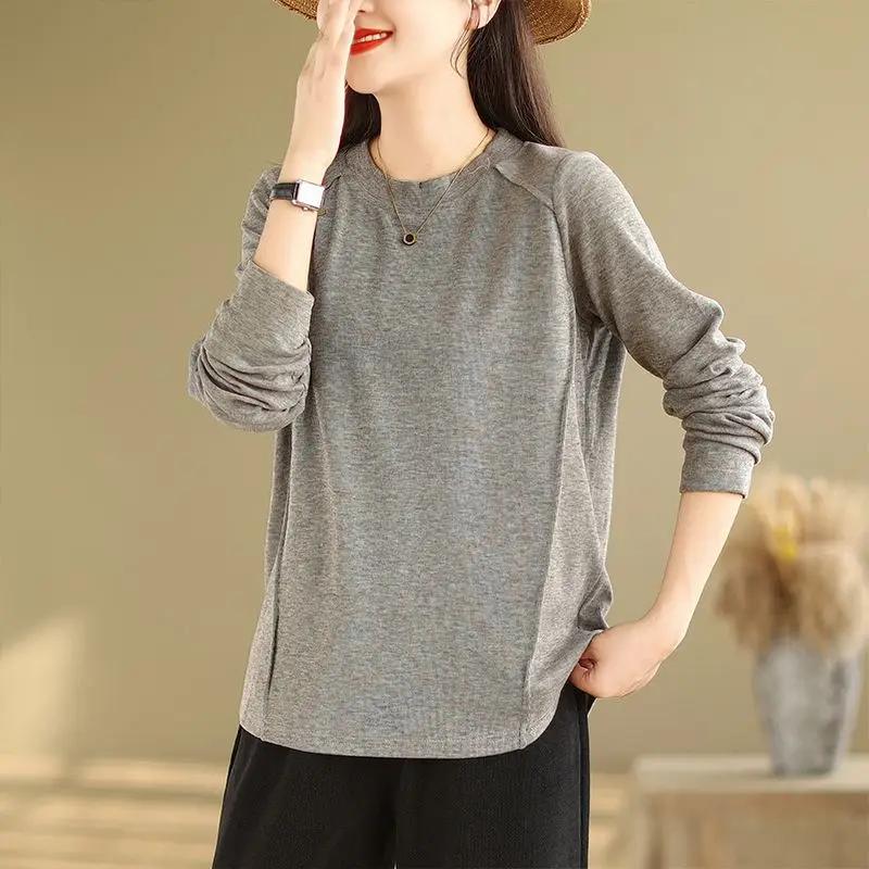 Round Neck with Loose Long-sleeved T-shirt Versatile Simple Top High Elastic Base Shirt for Women's New Autumn and Winter