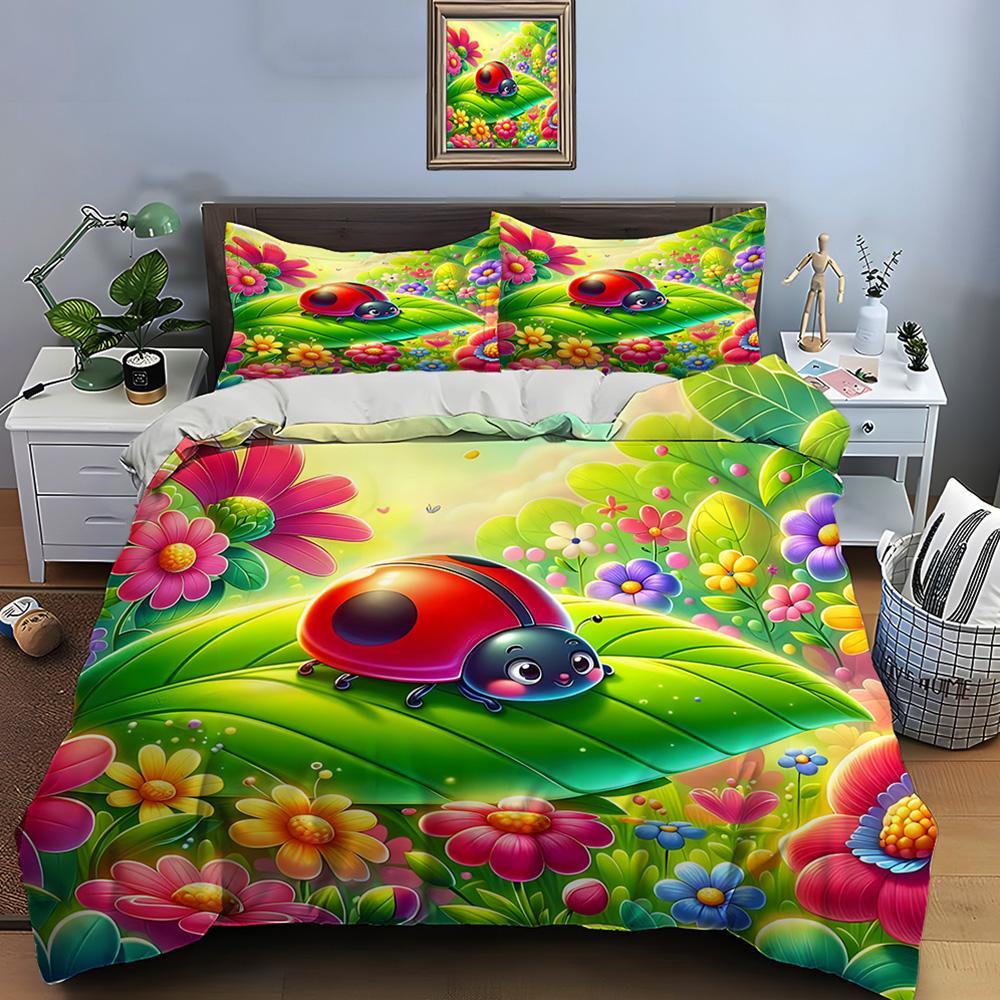 3pcs Ladybug In Colorful Garden Print Bedding Set 1 Duvet Cover 2 Pillowcases for Adult and Children Luxury Gift Full Size
