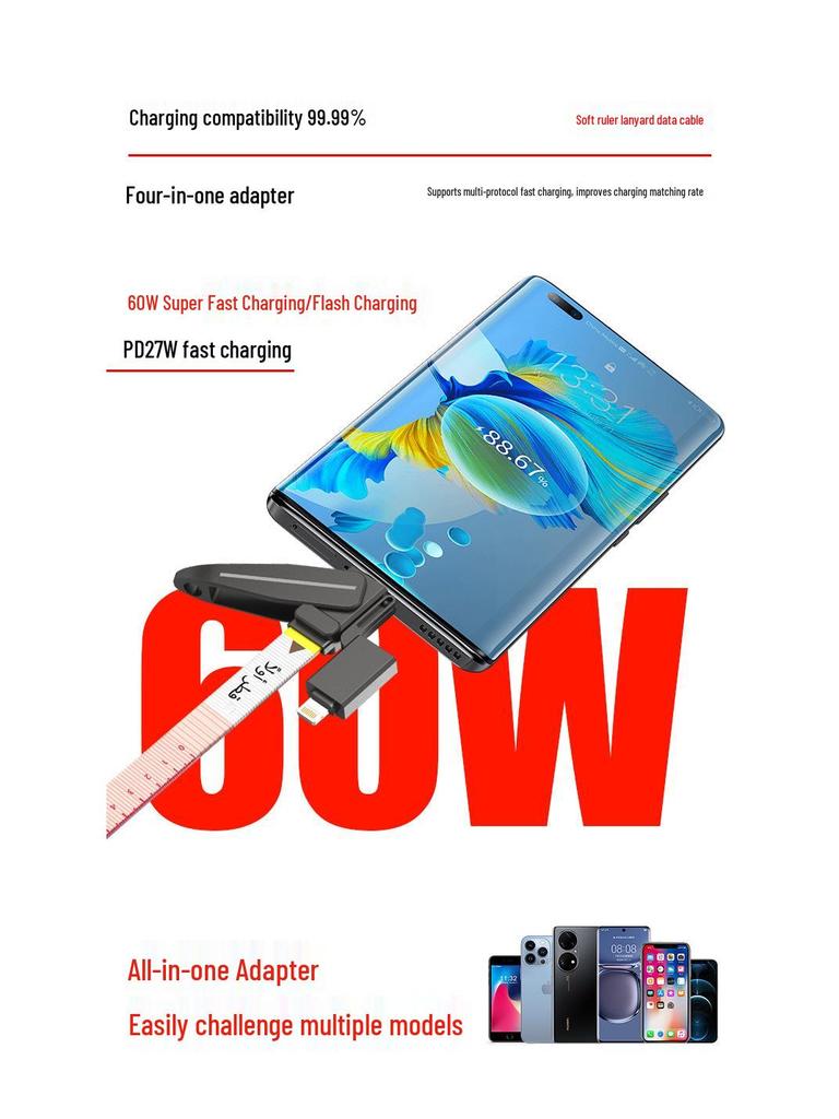 4-in-1 Mecha Data Cable: Dual Type-C, 27W/65W Super Fast Charging