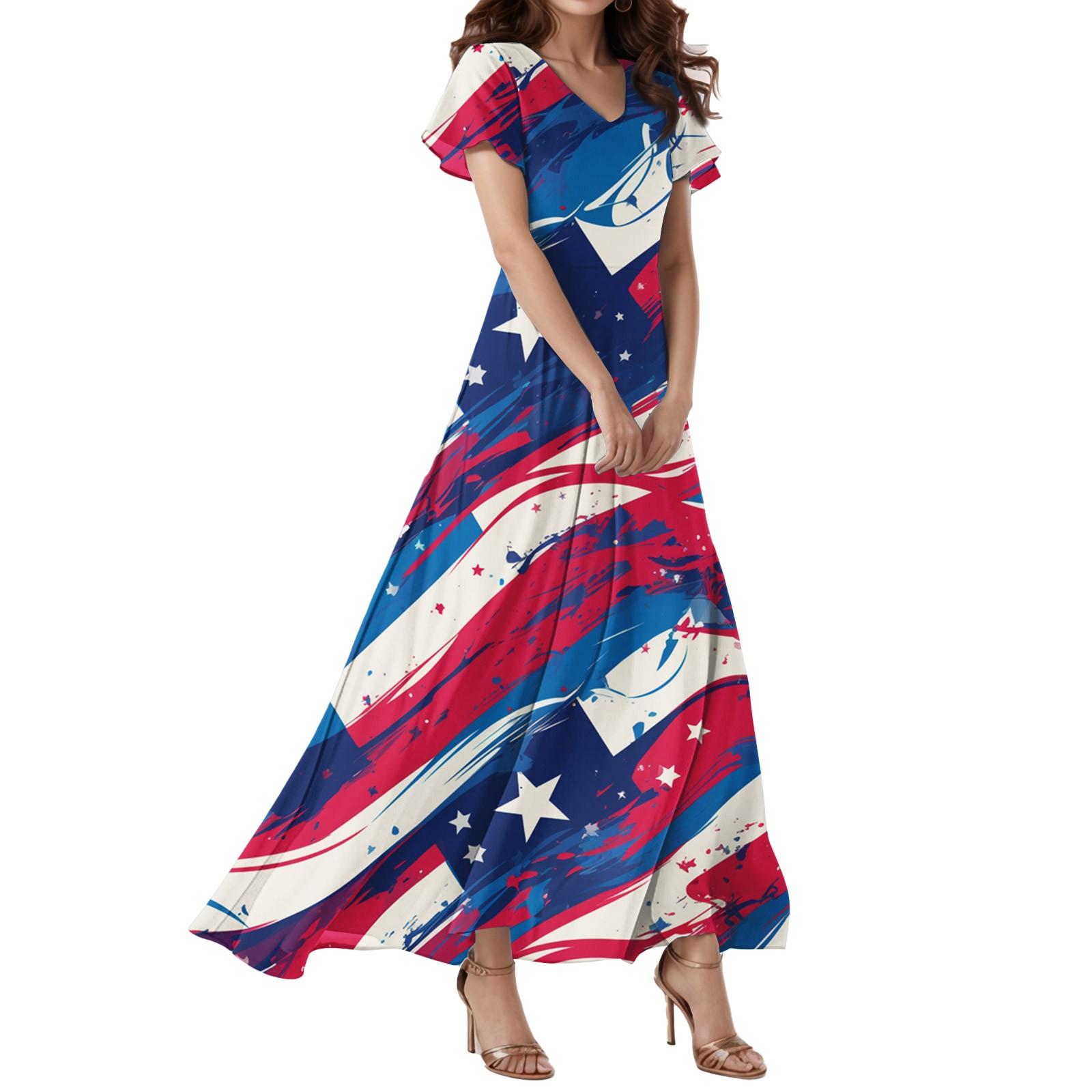 Women s Loose Casual V-Neck Short Sleeved High Waisted Independent Day Print Dress XL синий