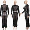 Women Fashion Sets Evening Dress Sexy Clubwear Black Long Sleeve Rhinestone T-Shirt and Skirt 2 Pcs Sets S-2XL
