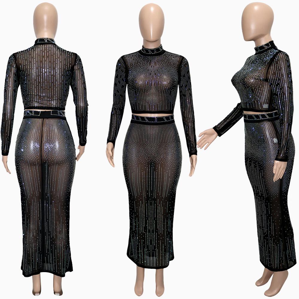 Women Fashion Sets Evening Dress Sexy Clubwear Black Long Sleeve Rhinestone T-Shirt and Skirt 2 Pcs Sets S-2XL