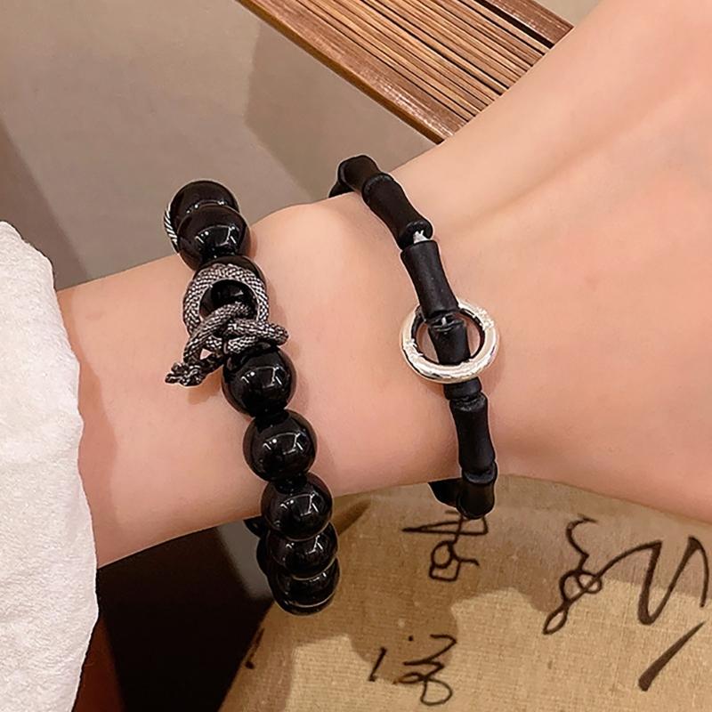 Elegant Beaded Black Bracelet Stone Chain Bracelet Elegant Beaded Bracelets for Women with National Style Ancient Charm