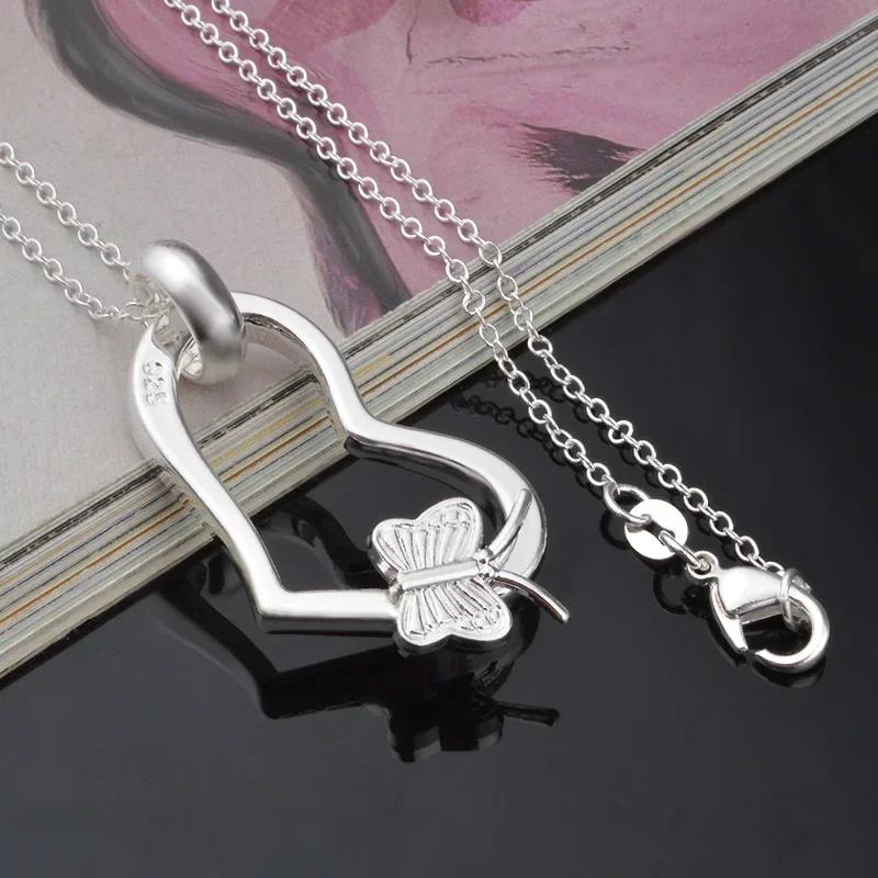 Beliebte Marken 925er Sterlingsilber Hübscher Herz Schmetterling Anhänger Halskette für Damen Mode Hochzeit Party Schmuck Feiertagsgeschenke