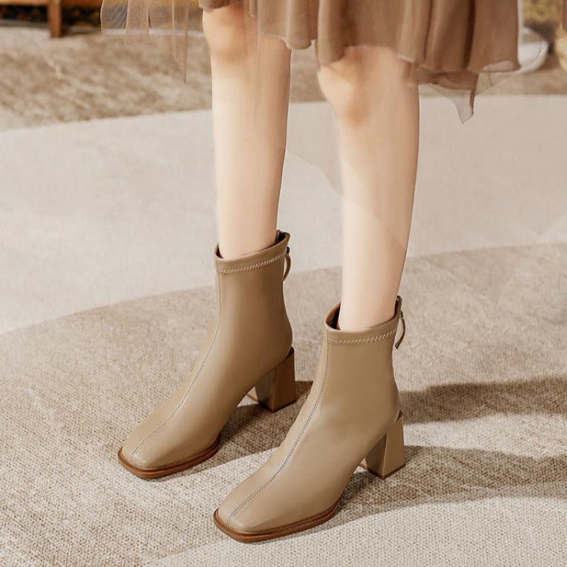 Ghete de damă franțuzești cu toc înalt, până la gleznă, cu toc gros, cizme de modă, piele moale, cizme simple de primăvară și toamnă, cizme cu vârf pătrat