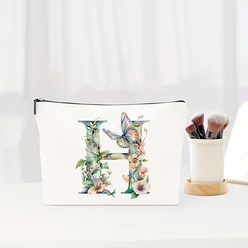 Letter Floral Pattern Zipper Cosmetic Bag Portable Travel Makeup Pouch Multifunctional Toiletry Wash Storage Bag for Women Daily Vacation Organizer