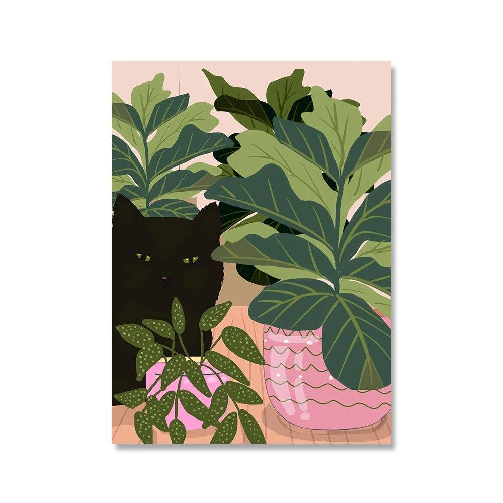 Poster Cartone Gatto Nero e Piante Arte da Parete Nordica Pittura su Tela Stampe per Bagno Esterno Immagini Divertenti per Bagno Decorazione Casa Senza Cornice