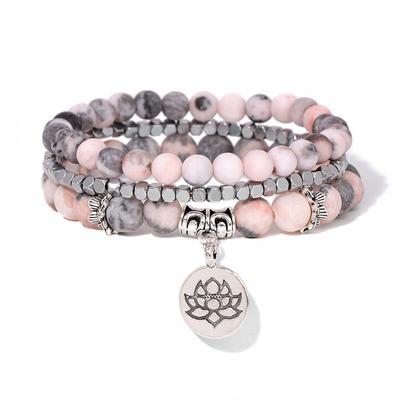 Handgefertigtes Armband aus Naturstein mit Lotus-Ohm-Buddha-Perlen, rosa Zebra-Stein, Lotus-Charm-Armband für Frauen und Männer, Yoga-Schmuck, Geschenke