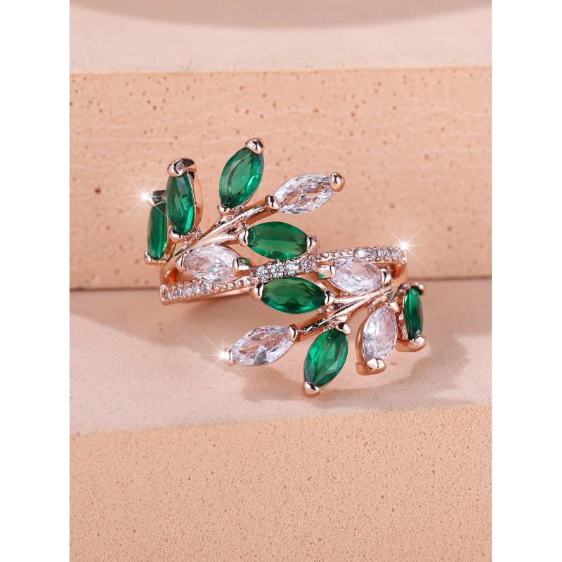 

Модное открытое кольцо с цирконом Лошадиный глаз и листом Adjustable золотой/ярко-розовый