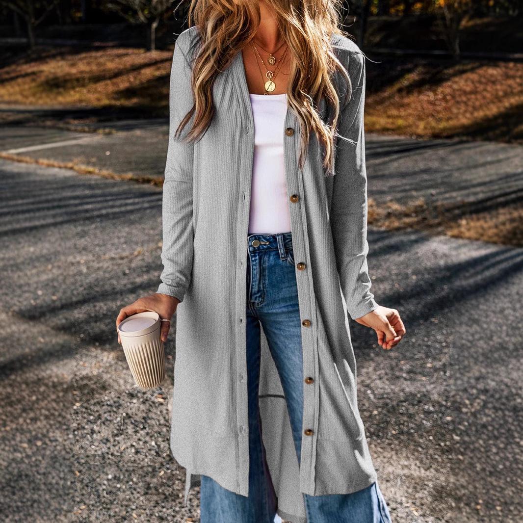 

Осінньо-зимовий жіночий трикотажний одяг великих розмірів на довгих ґудзиках, однотонний повсякденний кардиган з довгими рукавами XL сірий колір