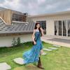 Holiday Style Retro Floral Suspender Dress Women's Summer Design Sense Irregular Long Dress Waist Thin A-shaped Skirt