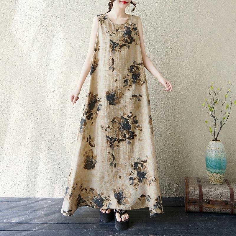 

Новое хлопковое винтажное платье с цветочным принтом без рукавов больших размеров для женщин, повседневное свободное длинное летнее платье