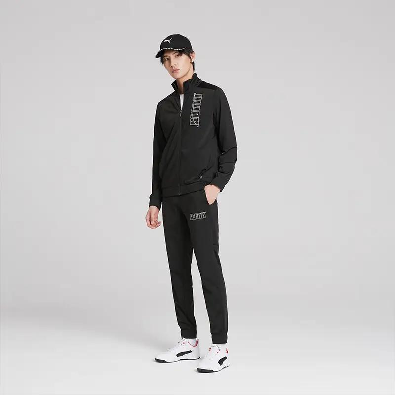 Puma Stand Collar Zip Logo Print Jacket And Solid Color Elastic Cuff Casual Pants Set Men Jacket And Pants Set Black 585325-01