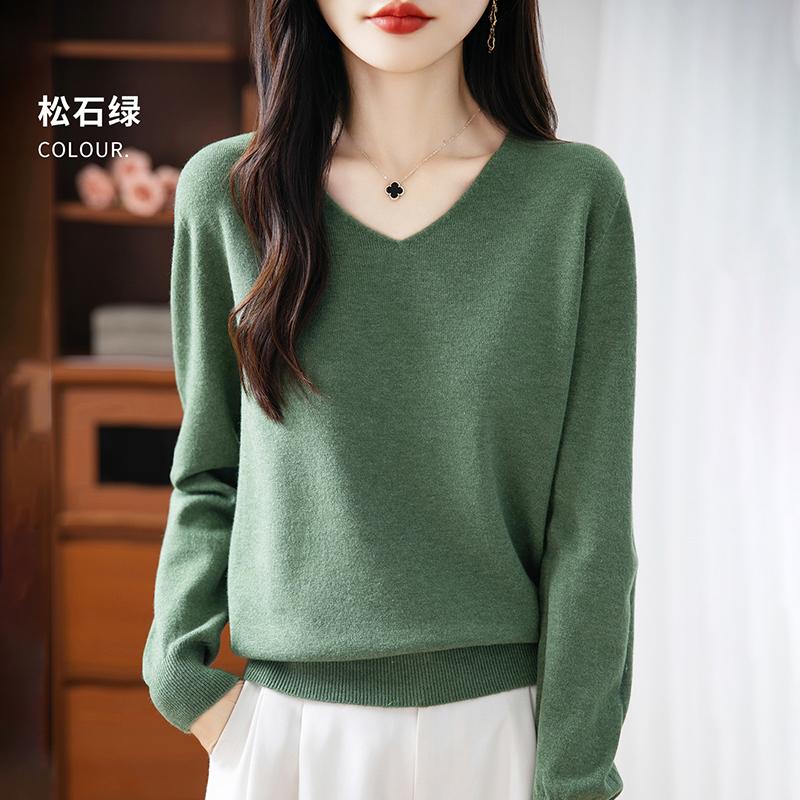 

Жіночий светр з V-подібним вирізом Qinghe кашемір 30% кашемір 70% вовна осінньо-зимова мода теплий універсальний L темно-оливковий колір