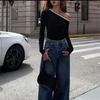 Spring New Skew Collar Long Sleeve Sexy T-shirt Women Fashion Slim Fit Off Shoulder Tops Casual Woman Tshirts Elegant Solid Street Y2K Tee Shirt 26473