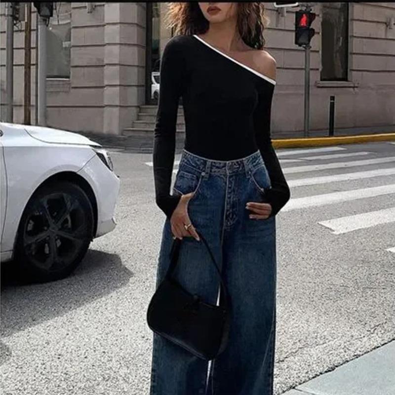 Spring New Skew Collar Long Sleeve Sexy T-shirt Women Fashion Slim Fit Off Shoulder Tops Casual Woman Tshirts Elegant Solid Street Y2K Tee Shirt 26473