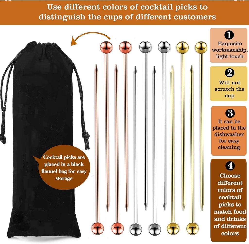 12 Stück Edelstahl Cocktailspieße Barwerkzeuge Getränkerührstäbchen Getränkedekoration Wiederverwendbare Fruchtspieße Cocktailspieße