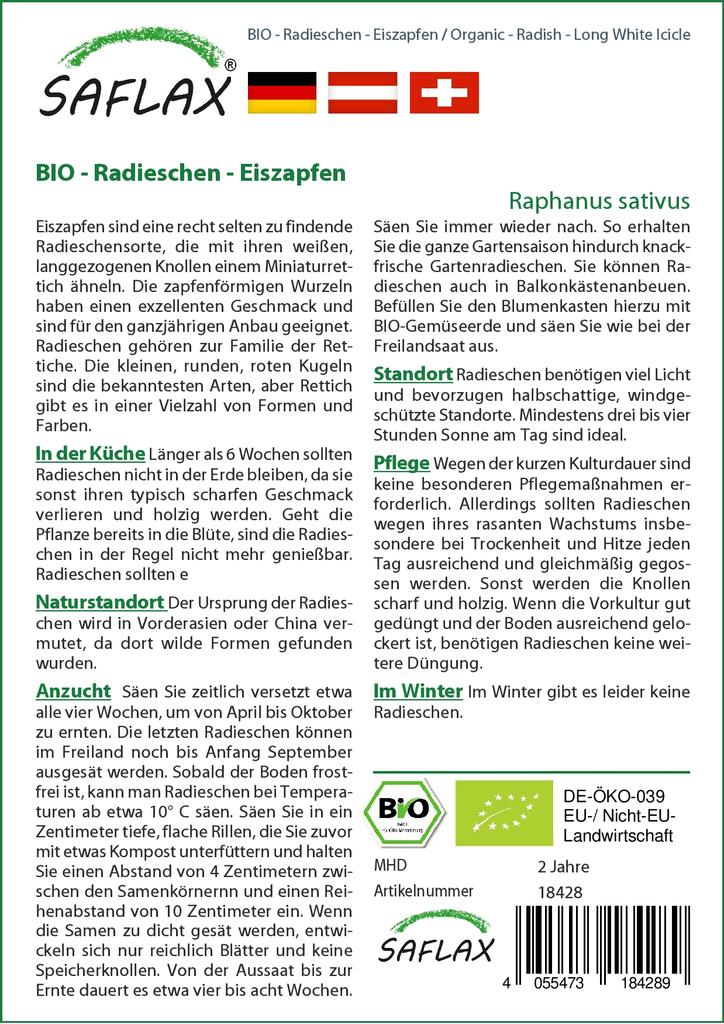 SAFLAX Giardino in Busta - Biologico - Ravanello - Lungo Bianco Ghiacciolo - 100 semi - Con substrato in un'adatta busta stand-up - Raphanus sativus