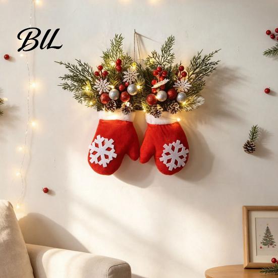 Festive Glove Shaped Decor Christmas Mitten Door Hanger, Red White Ornament with Pine Cone Berries, Party Decorations Fabric Holiday Wall for