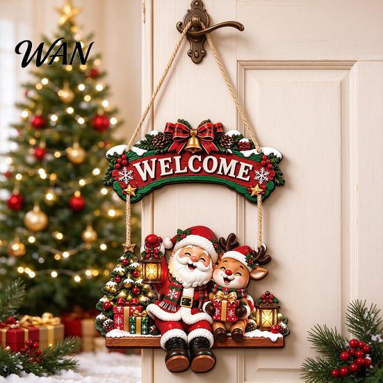 Festive Room Decoration for Holiday Wooden Christmas Welcome Sign, Front Door Hanging Rustic Gift Friends And Family Wall Decor with Elk/Santa