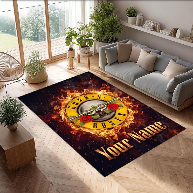 Guns N’ Roses Crystal Velvet Rug, Custom Name Text Personalized Non‑Slip Floor Mat for Home Decor Gift