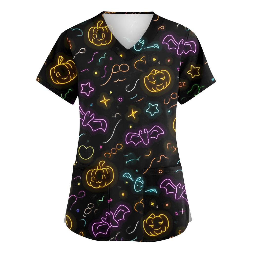 Damenmode V-Ausschnitt Kurzarm Overalls mit Taschen Print Tops Kleidung