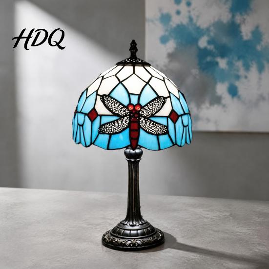 Floral Pattern Lamp Tiffany Dragonfly Stained Glass Table Lamp Vintage Blue Bedside Night Light Unique Housewarming Gift Decorative Atmosphere