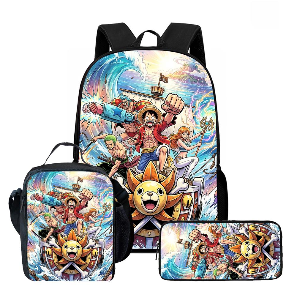 One Piece 3-In-1 Cartoon Lightweight Adjustable School Backpack with Lunch Bag& Pencil Case for Children Age 6-10 Primary School