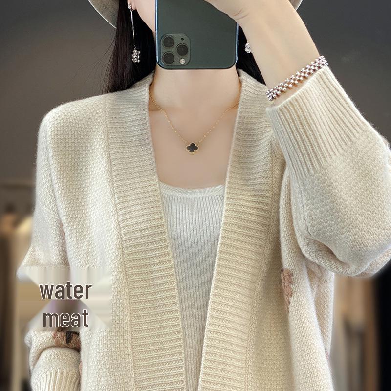 Women's Fashionable V-Neck Color Block Wool Cardigan - Autumn/Winter Sweet Strawberry Sweater