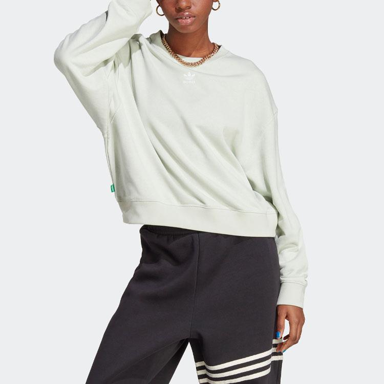 Adidas Solid Color Logo Embroidered Crew Neck Sweatshirt Women Tops Linen-Green IC1823