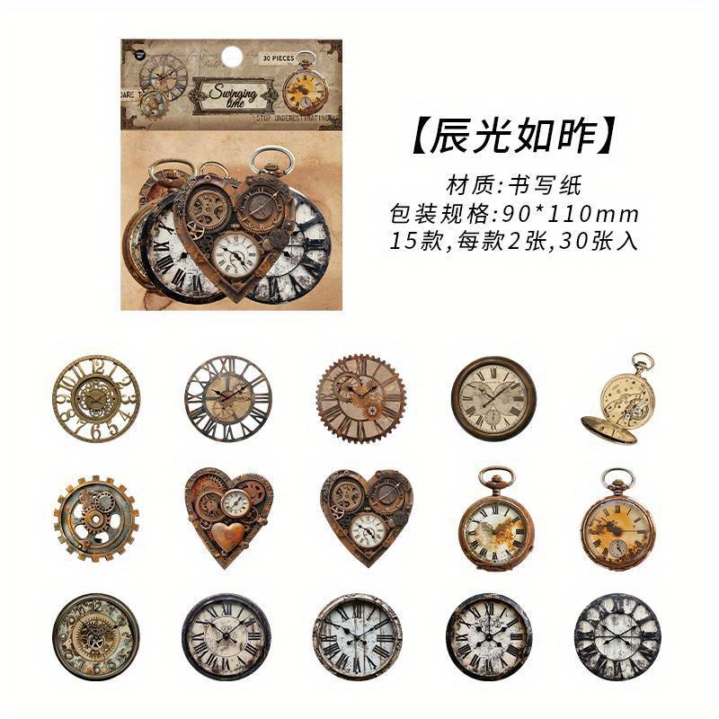 30 ks/balení Vintage Mechanické hodiny Samolepky Dekorativní DIY Scrapbookingové materiály Umělecká koláž Papírnictví Estetické samolepky