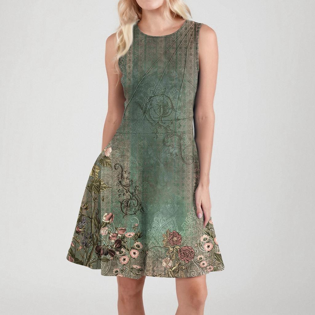 Women's Summer Sleeveless Casual Slim Fit Printed Vest Beach Swing A-Line Sun Skirt