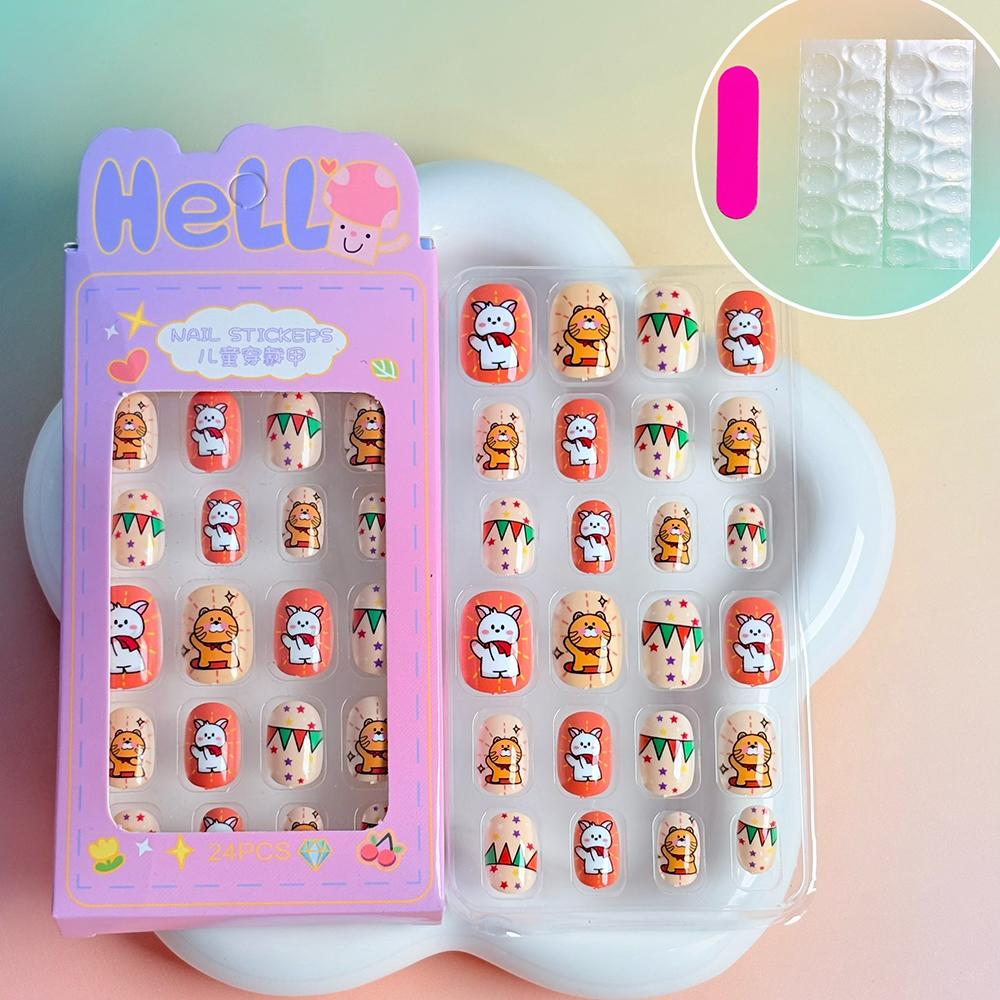 24pcs Kids' Cute Red Cherry/Rabbit/Carrot Press On Nails Cartoon Short Square Fake Nails Reusable Nails Decor with Glue & File