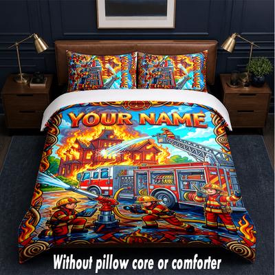 Fire Truck Theme Custom Text Or Name 3Pcs Bedding Set,1 Flat Sheet & 2 Pillowcases Personalized Home Bedding