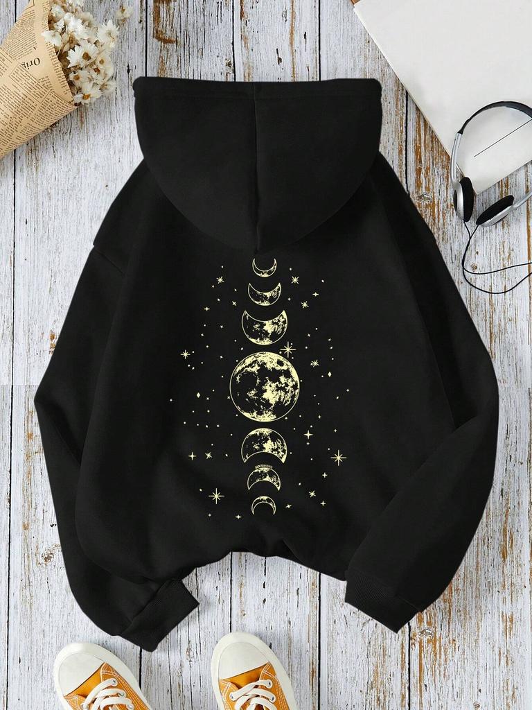 New hoodies with different moon prints, front and back printed hoodies, casual and fashionable Y2K women's clothing, high street