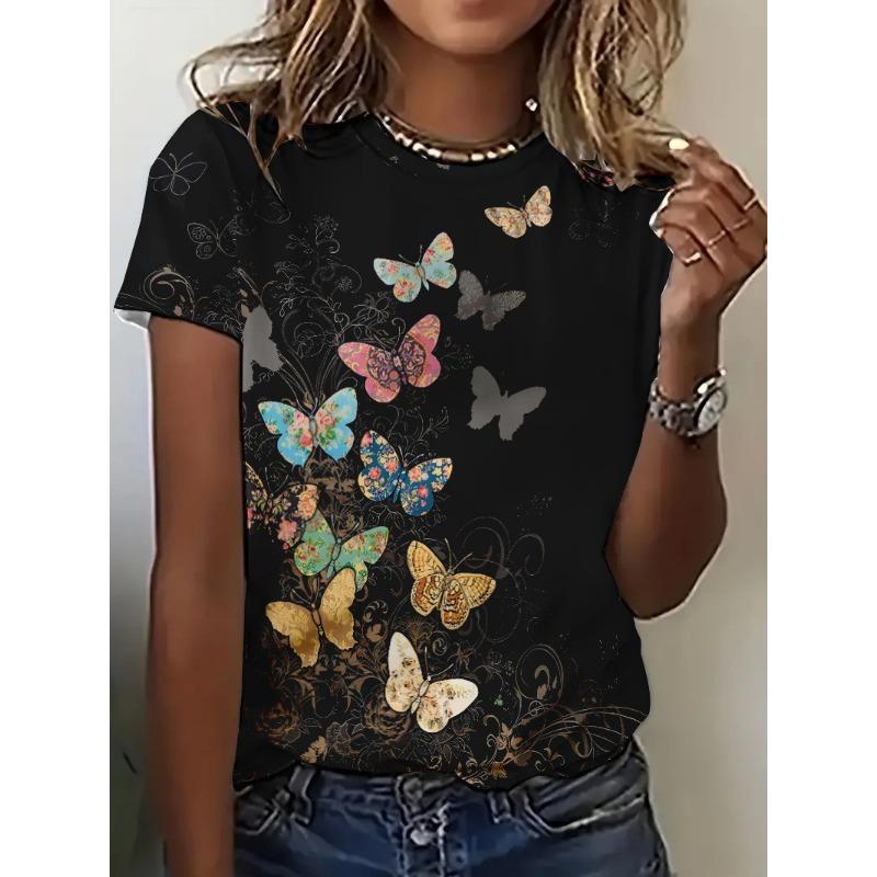 Summer Women's Clothing Clear 3D Printed Floral Pattern Round Neck Short Sleeved T-Shirts Women’s
