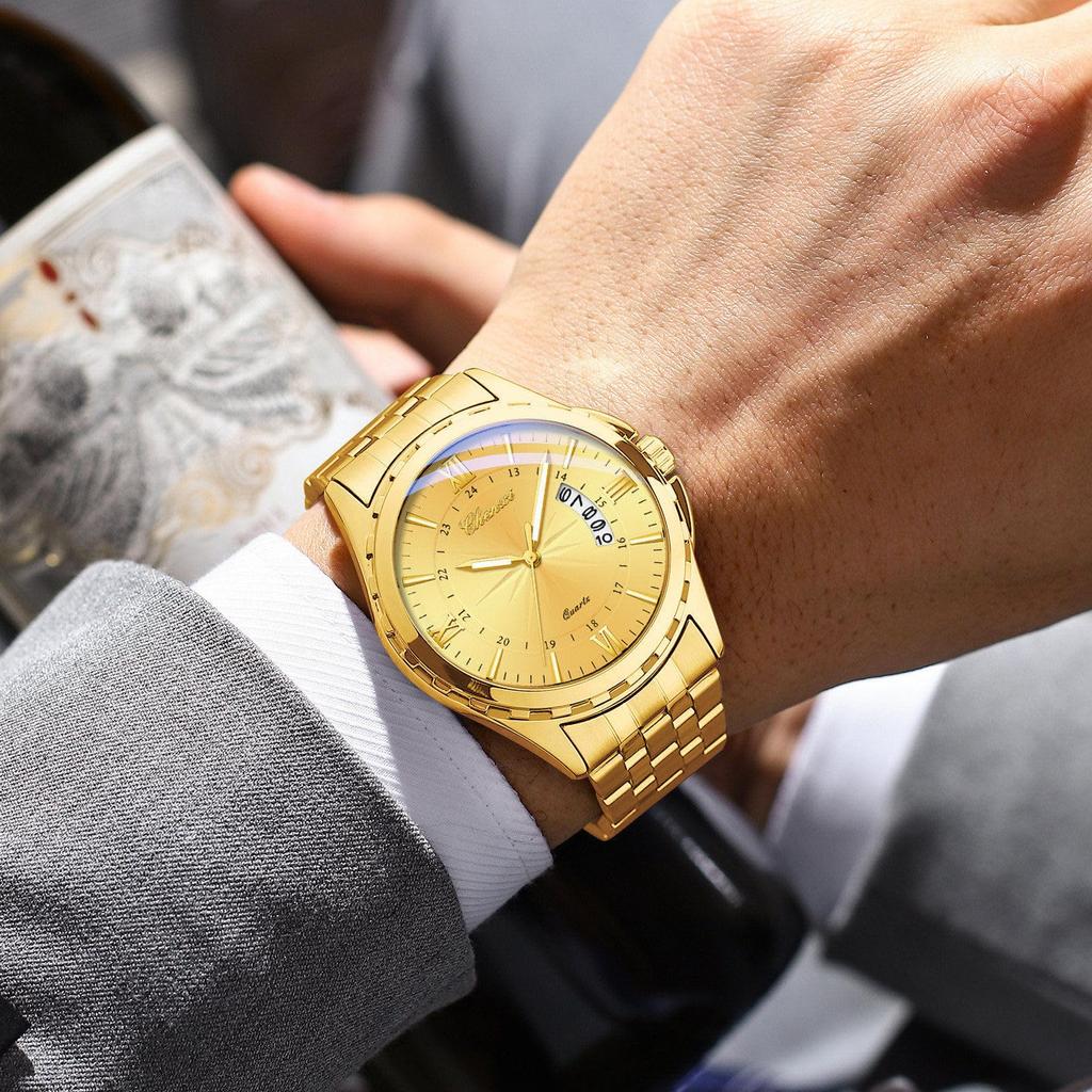 Watch Men Stainless Steel Calendar Gold 3ATM Water Resistant Luminous Analog Display Simple Fashion Quartz Watch Men Fashion Accessory - Birthday