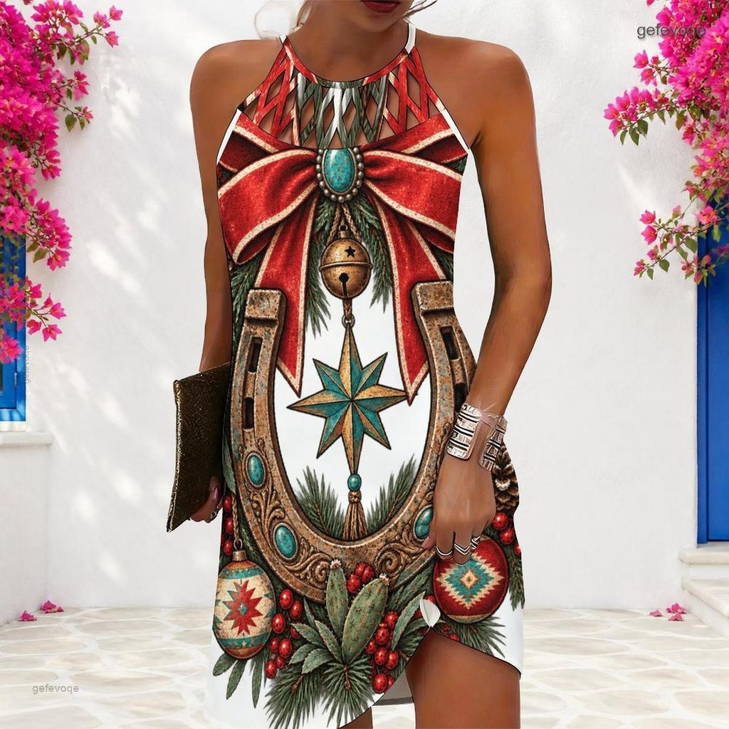 Women Plus Size Halter Criss Cross Cutout Sleeveless Horse Floral Printed Fitted Curved Hem Dress