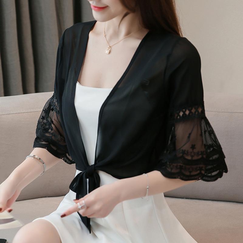Women Summer Lace Chiffon Shawl Sun Protection Cardigan Seven-quarter Flare Sleeve Knit Open Front Coat