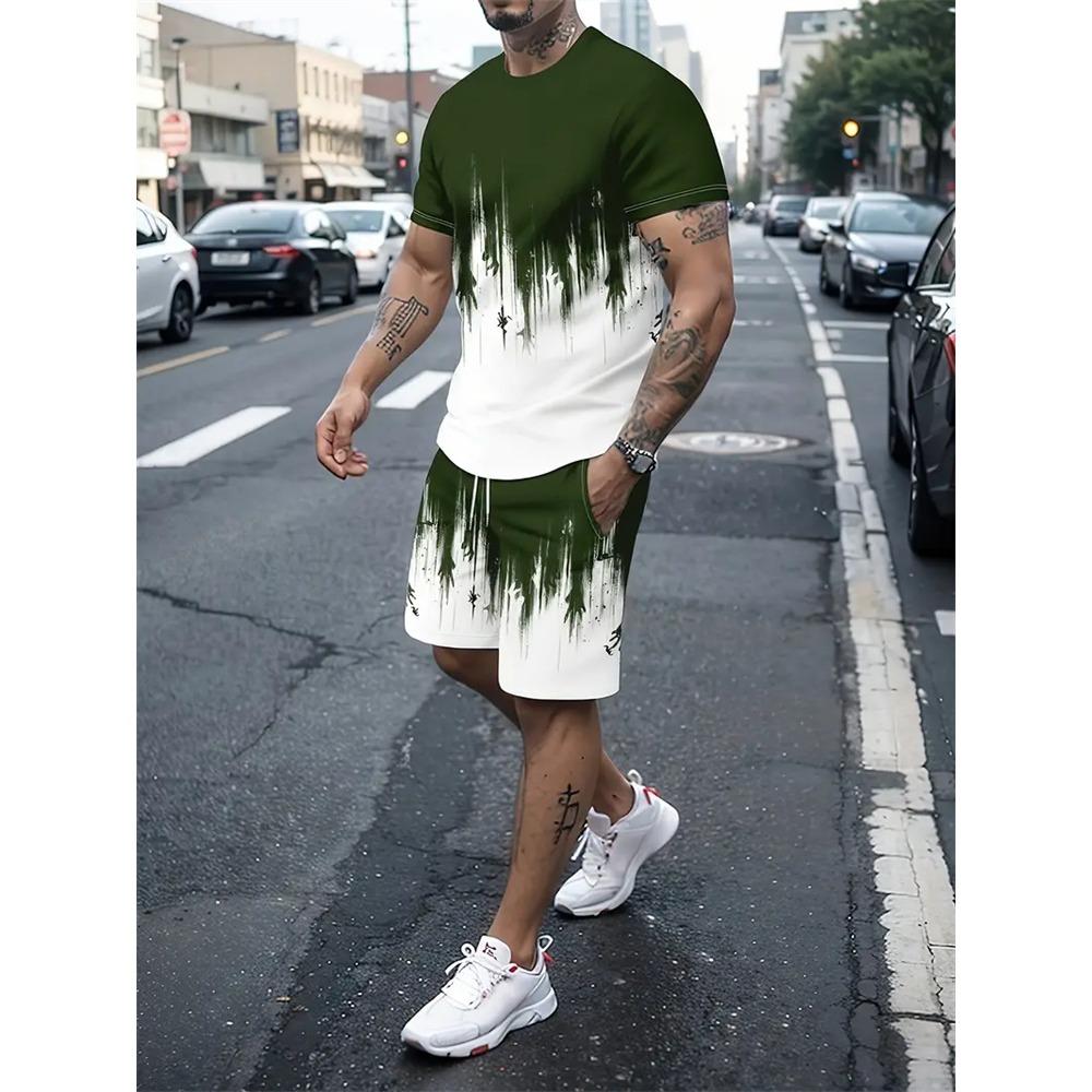New Gradient Texture T-Shirt Men's Two-Piece Summer New Shorts Suit Fashion 3D Printing Street Casual Sportswear Men's Models