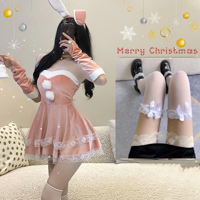 Christmas Dress Girl Costume Rabbit Set Winter Off Shoulder Dress Sexy Lady Cosplay Costume New Year Maid Role Play Uniform