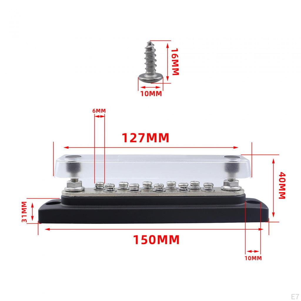 10 Terminal Bar Power Distribution Block 48V 150A Installs Easily with Dust Cover for