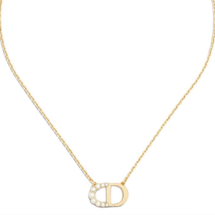 Dior Pearl Decorated CD Pendant Metal Necklace Women Necklace Gold N3098WOMRS_D301