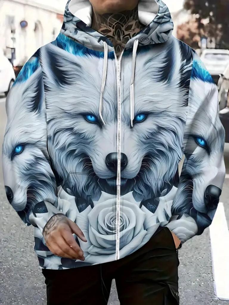 Mens Full Zip Hooded Wolf Graphic Drawstring Hood Side Pockets Lightweight Outerwear Sports Gym Long Sleeve Oversize Sweatshirt