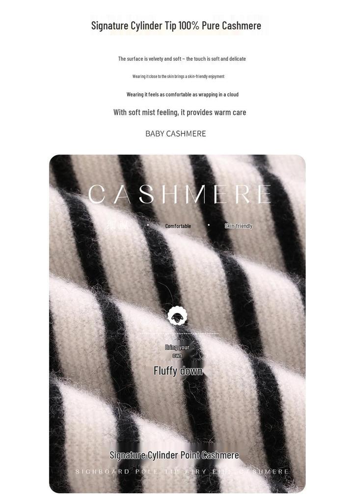 Women's Black & White Striped Round Neck Cashmere Sweater - New Autumn/Winter Style, Long-Sleeved, Color-Block Knit, Regular Fit.