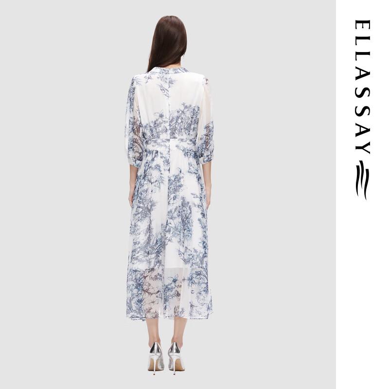 ELLASSAY 2024 Autumn V-Neck Watercolor Ink Print Dress